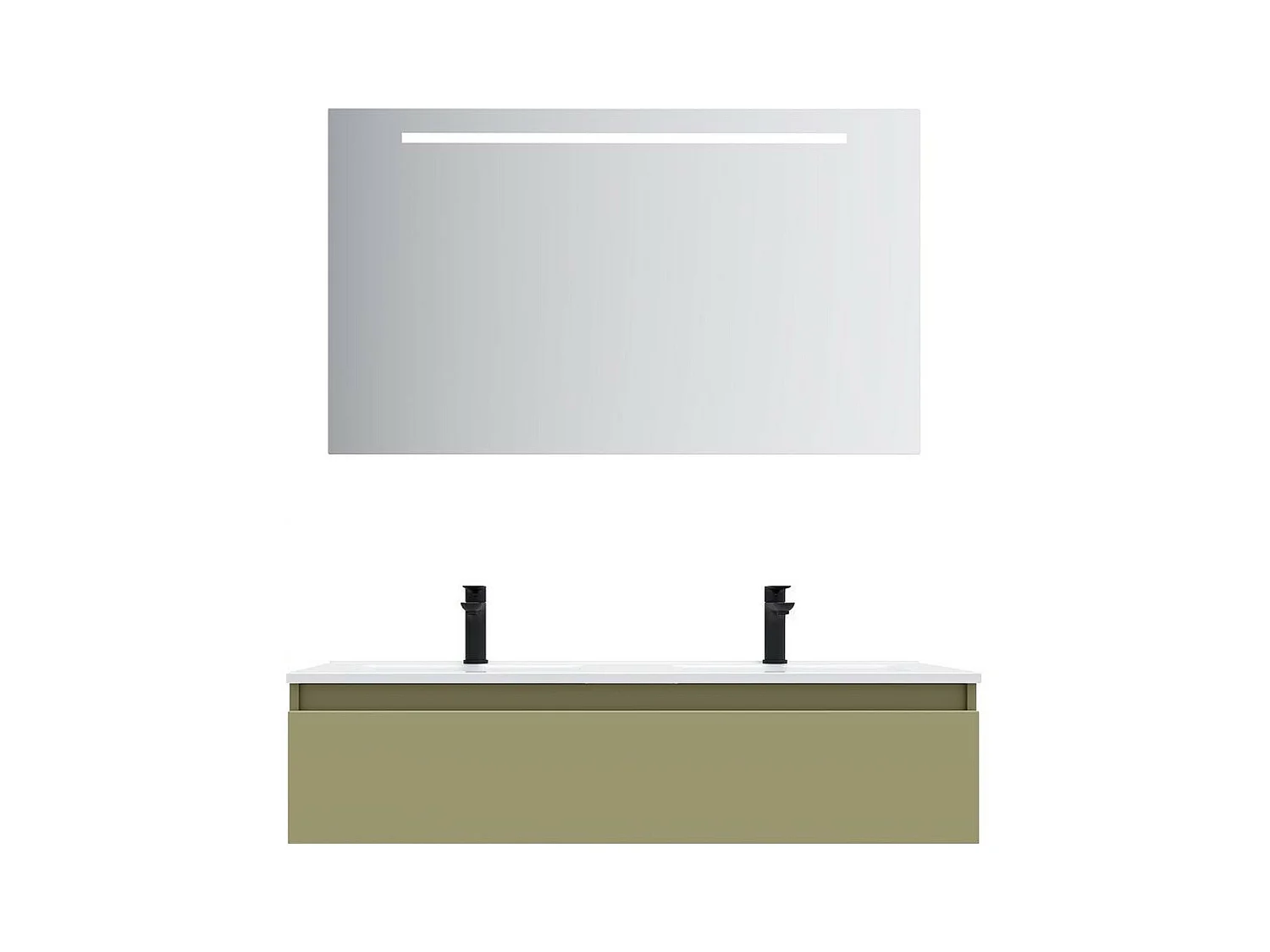 Meuble de salle de bain suspendu double vasque intégrée 120cm 1 tiroir Vert olive + miroir - Hudson