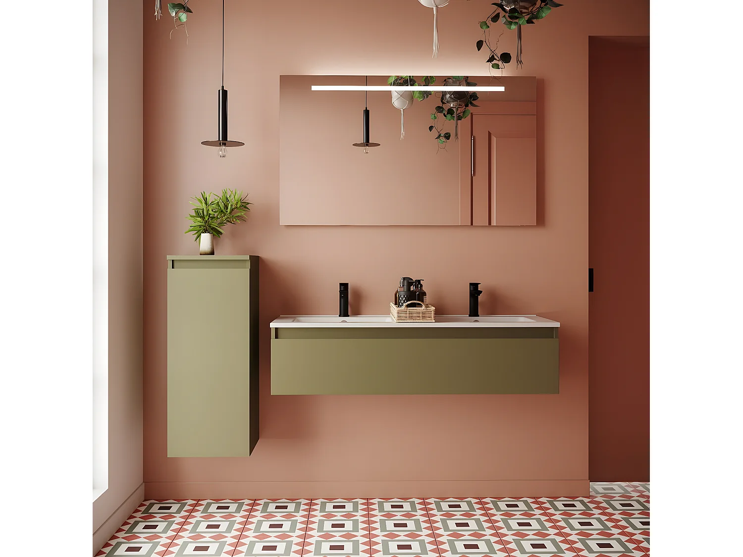 Meuble de salle de bain suspendu double vasque intégrée 120cm 1 tiroir Vert olive + miroir - Hudson