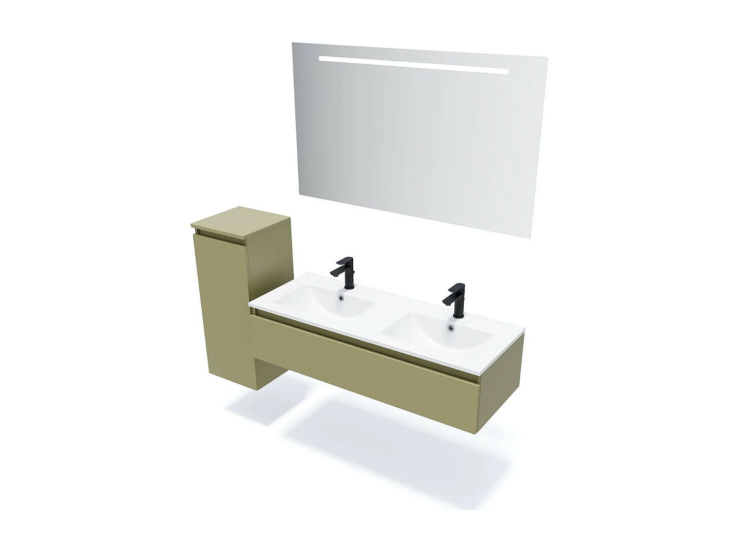 Meuble de salle de bain suspendu double vasque intégrée 120cm 1 tiroir Vert olive + miroir - Hudson