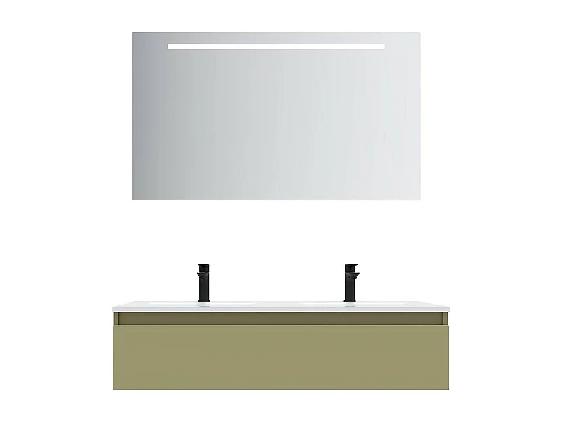 Meuble de salle de bain suspendu double vasque intégrée 120cm 1 tiroir Vert olive + miroir - Hudson