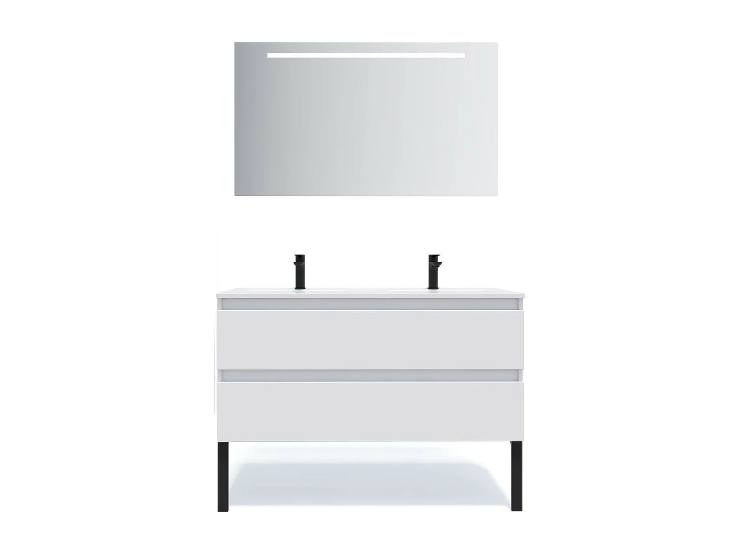 Meuble de salle de bain suspendu double vasque intégrée 120cm 2 tiroirs Blanc + miroir - Hudson