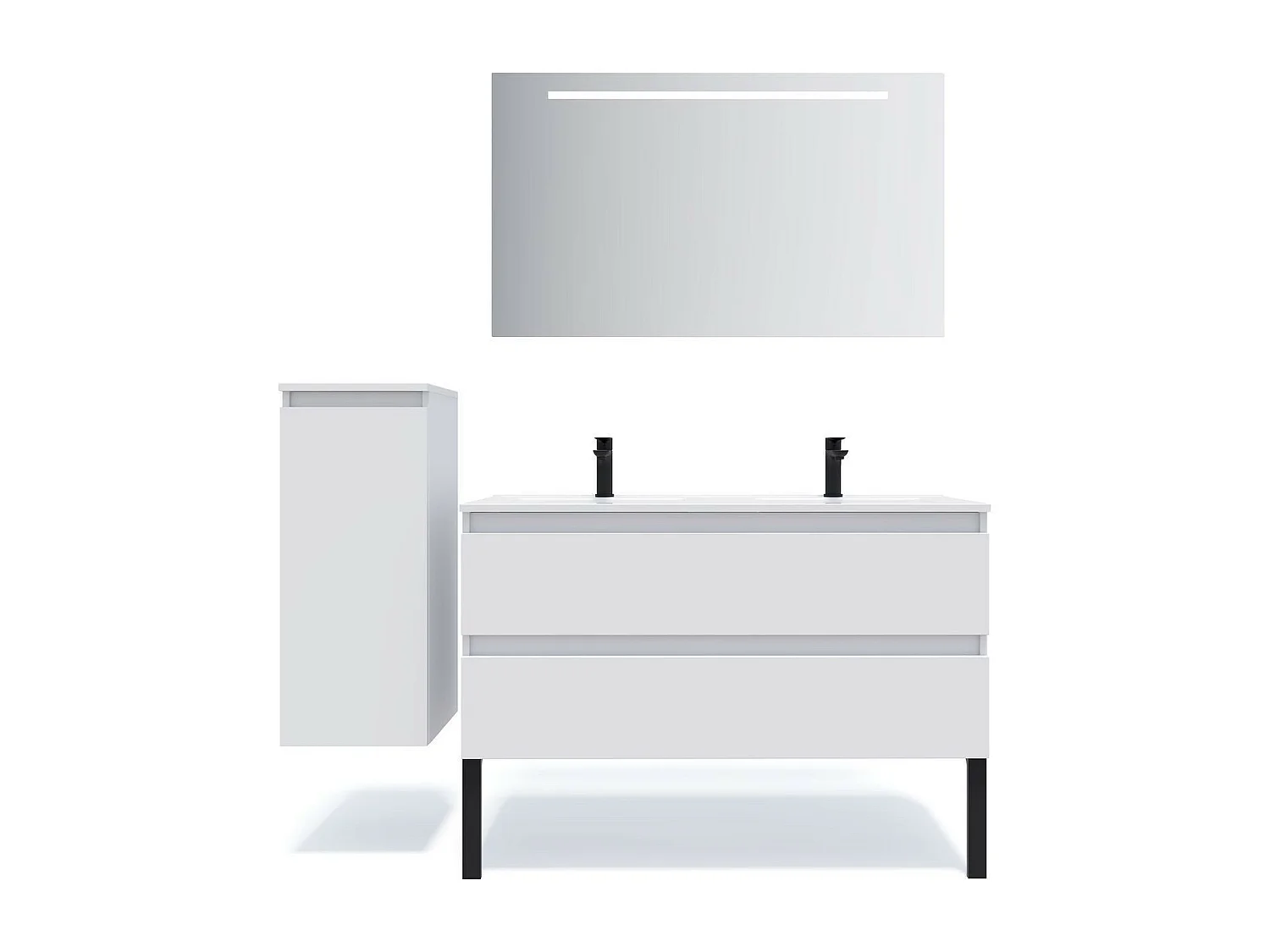 Meuble de salle de bain suspendu double vasque intégrée 120cm 2 tiroirs Blanc + miroir - Hudson