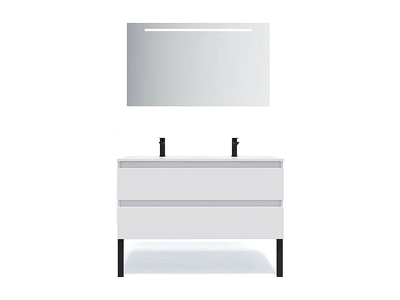 Meuble de salle de bain suspendu double vasque intégrée 120cm 2 tiroirs Blanc + miroir - Hudson
