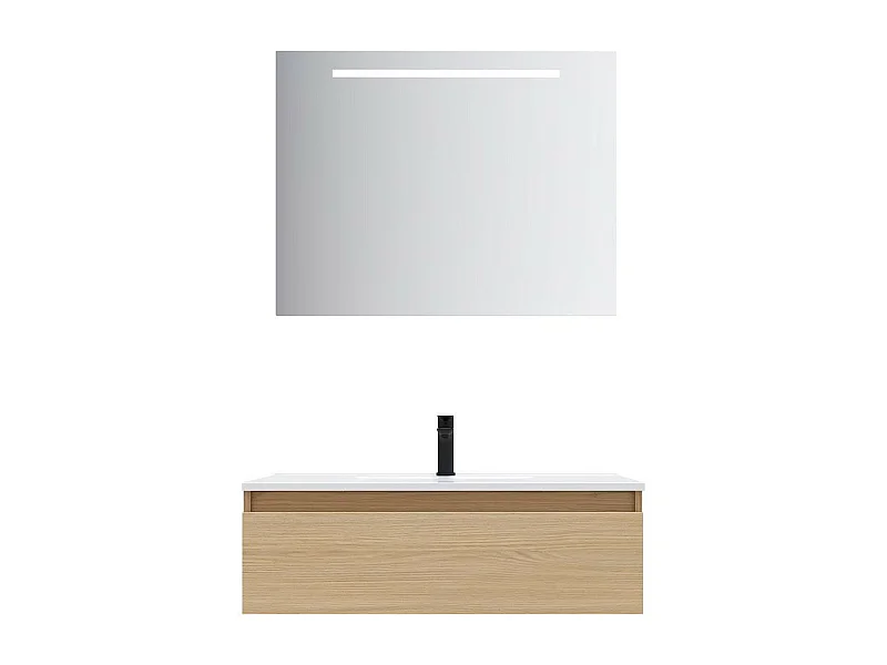 Meuble de salle de bain suspendu vasque intégrée 90cm 1 tiroir Chêne clair + miroir - Hudson