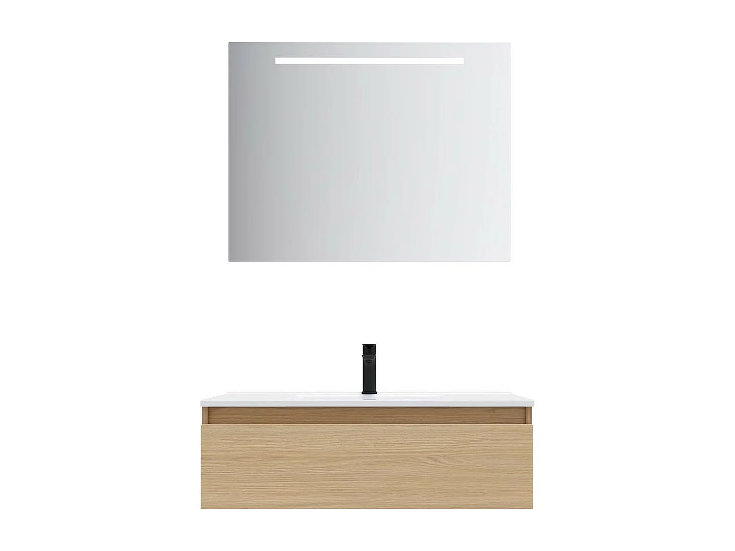 Meuble de salle de bain suspendu vasque intégrée 90cm 1 tiroir Chêne clair + miroir - Hudson