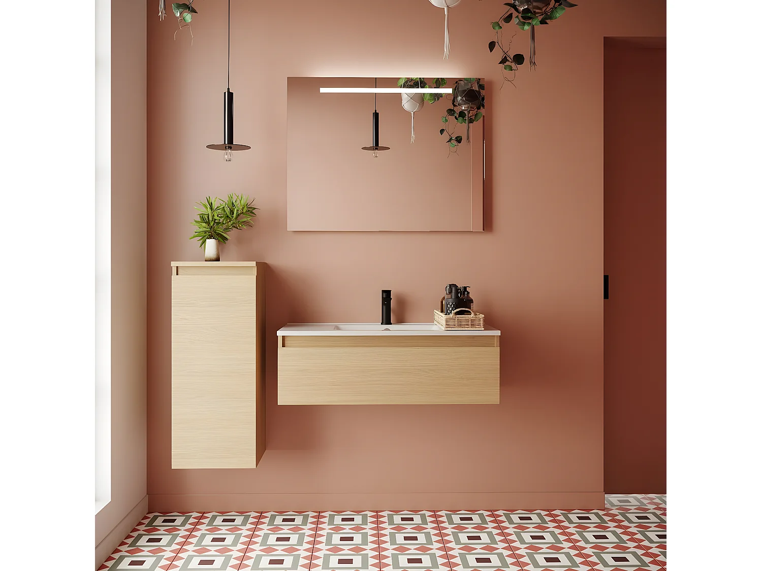 Meuble de salle de bain suspendu vasque intégrée 90cm 1 tiroir Chêne clair + miroir - Hudson