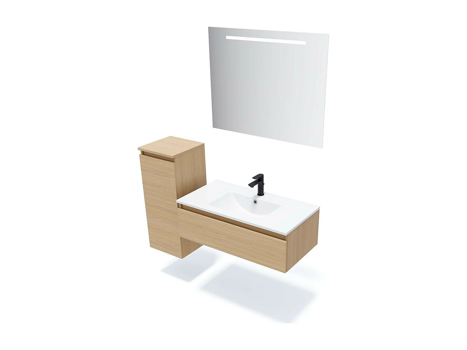 Meuble de salle de bain suspendu vasque intégrée 90cm 1 tiroir Chêne clair + miroir - Hudson