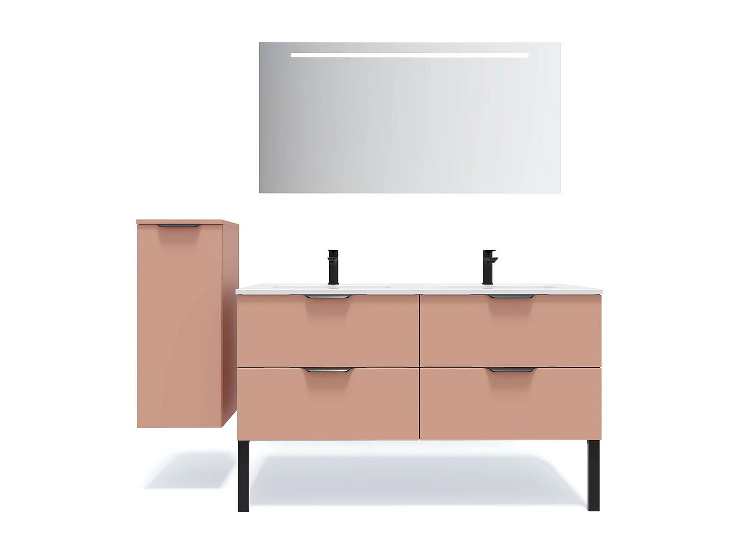 Meuble de salle de bain suspendu double vasque intégrée 140cm 4 tiroirs Abricot + miroir - Soho