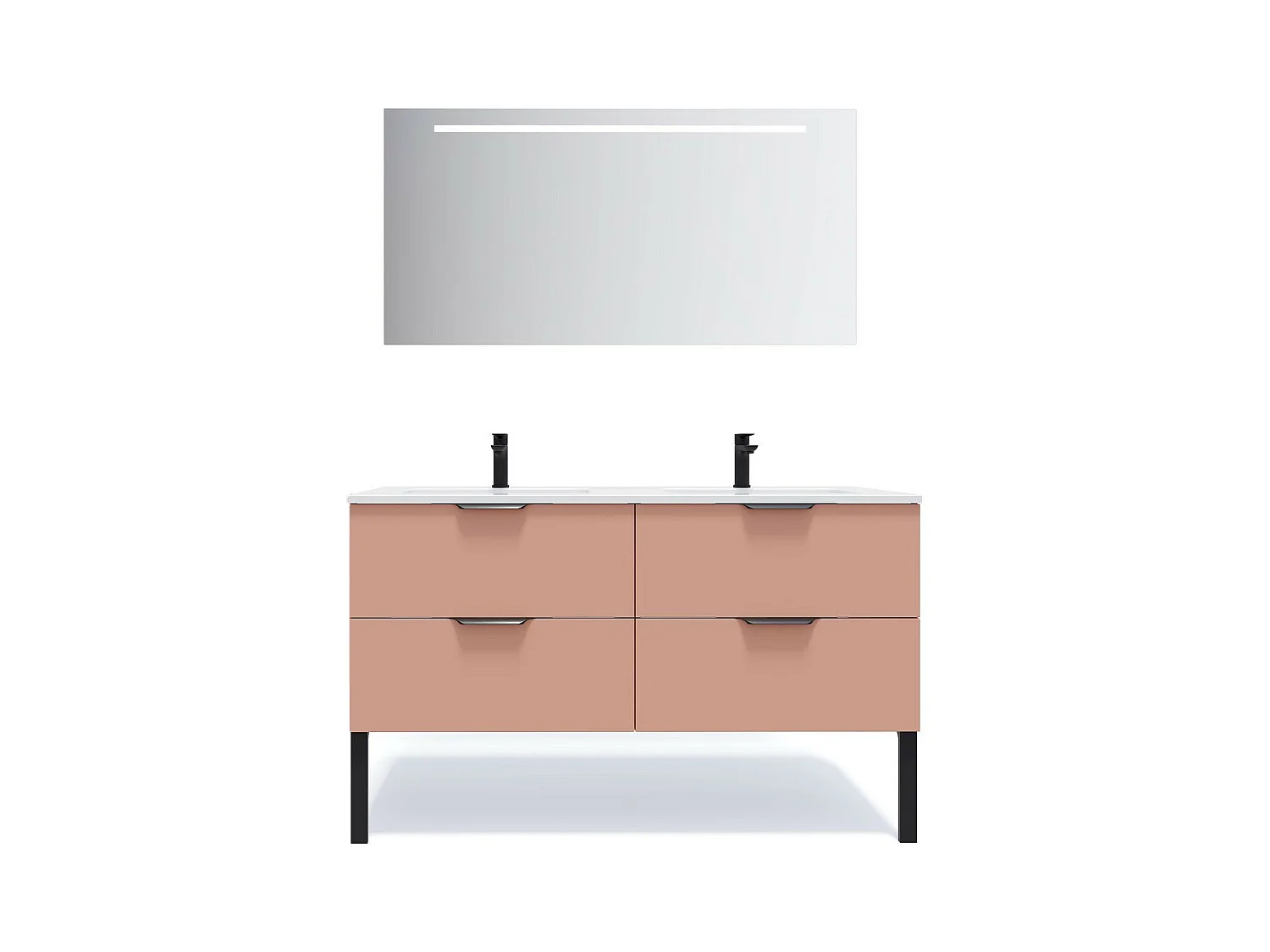 Meuble de salle de bain suspendu double vasque intégrée 140cm 4 tiroirs Abricot + miroir - Soho