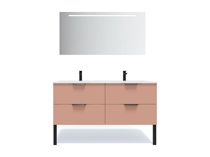 Meuble de salle de bain suspendu double vasque intégrée 140cm 4 tiroirs Abricot + miroir - Soho