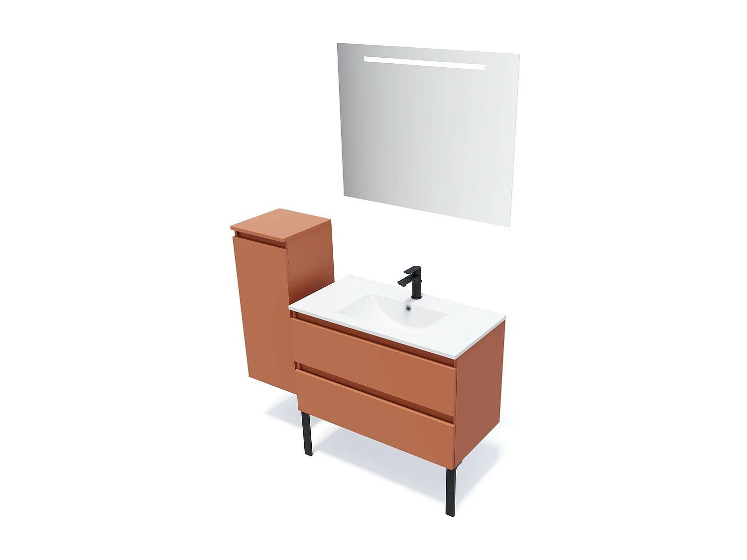 Meuble de salle de bain suspendu vasque intégrée 90cm 2 tiroirs Terracotta + miroir - Hudson