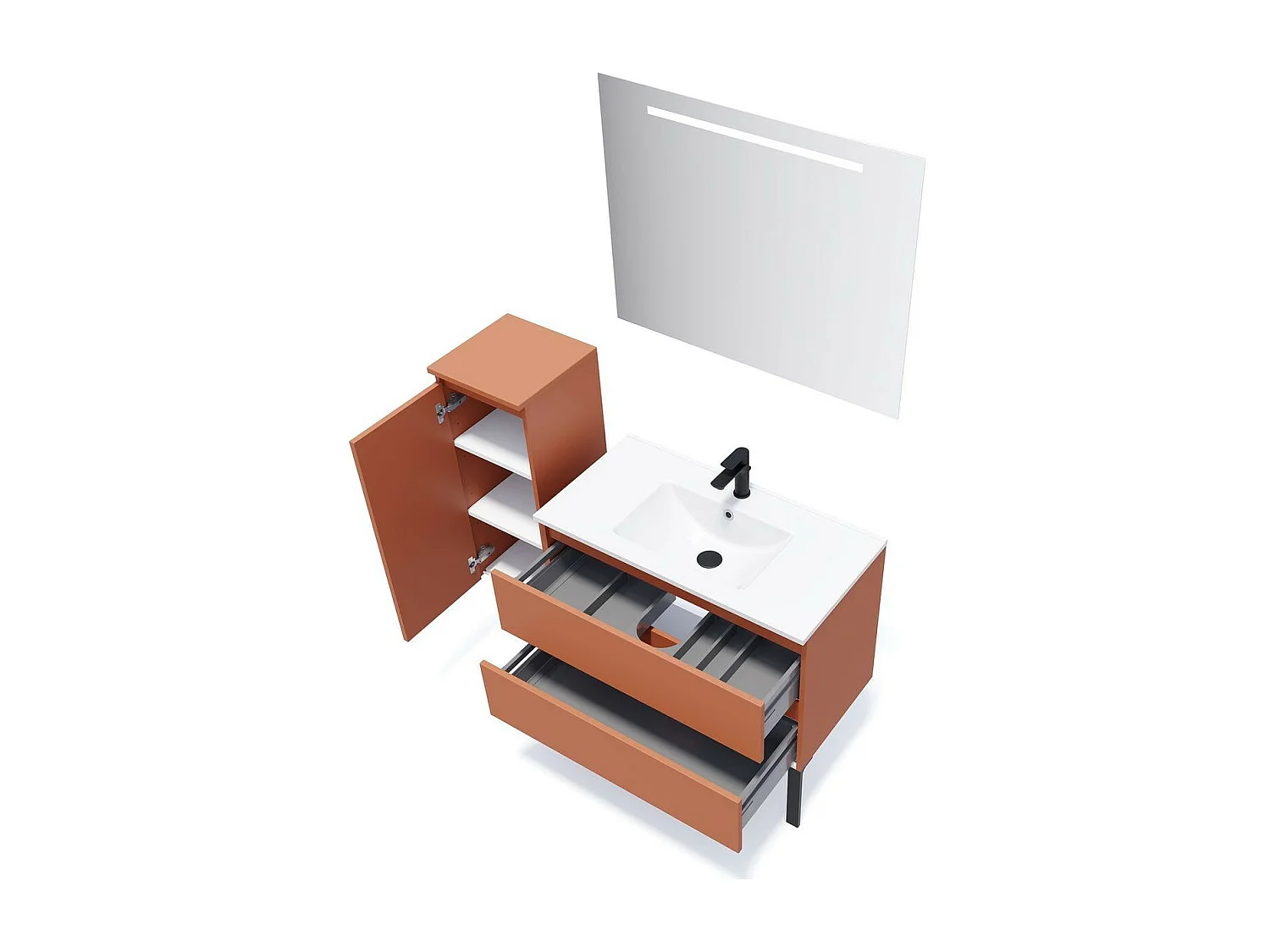 Meuble de salle de bain suspendu vasque intégrée 90cm 2 tiroirs Terracotta + miroir - Hudson