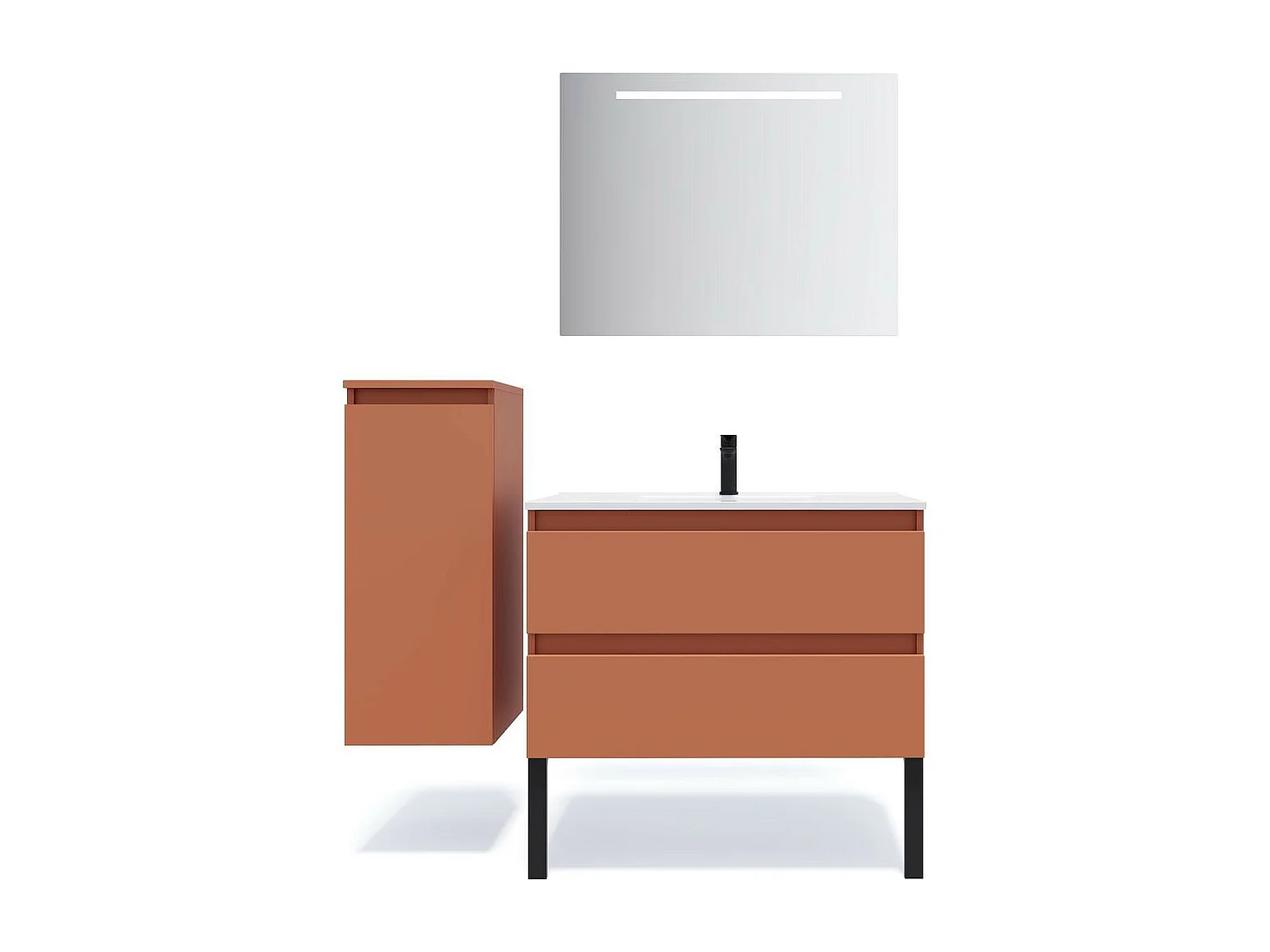 Meuble de salle de bain suspendu vasque intégrée 90cm 2 tiroirs Terracotta + miroir - Hudson