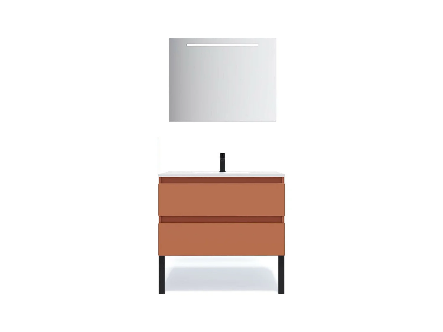 Meuble de salle de bain suspendu vasque intégrée 90cm 2 tiroirs Terracotta + miroir - Hudson