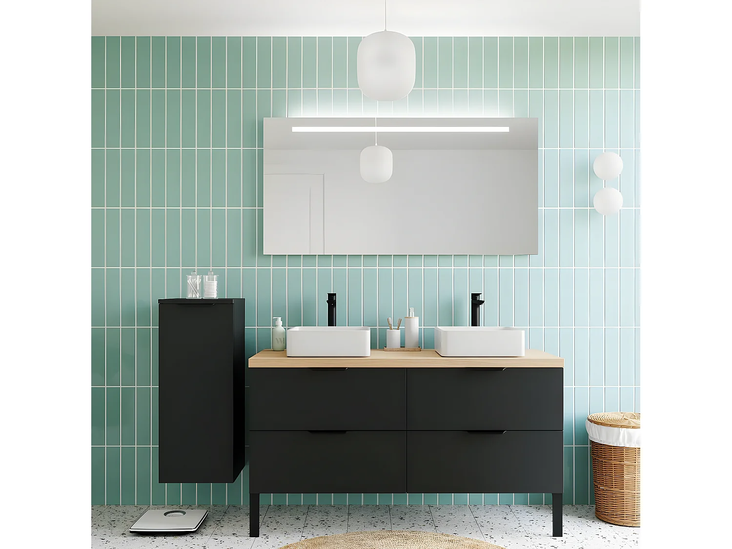 Meuble de salle de bain suspendu 2 vasques à poser 140cm 4 tiroirs Noir + miroir - Soho