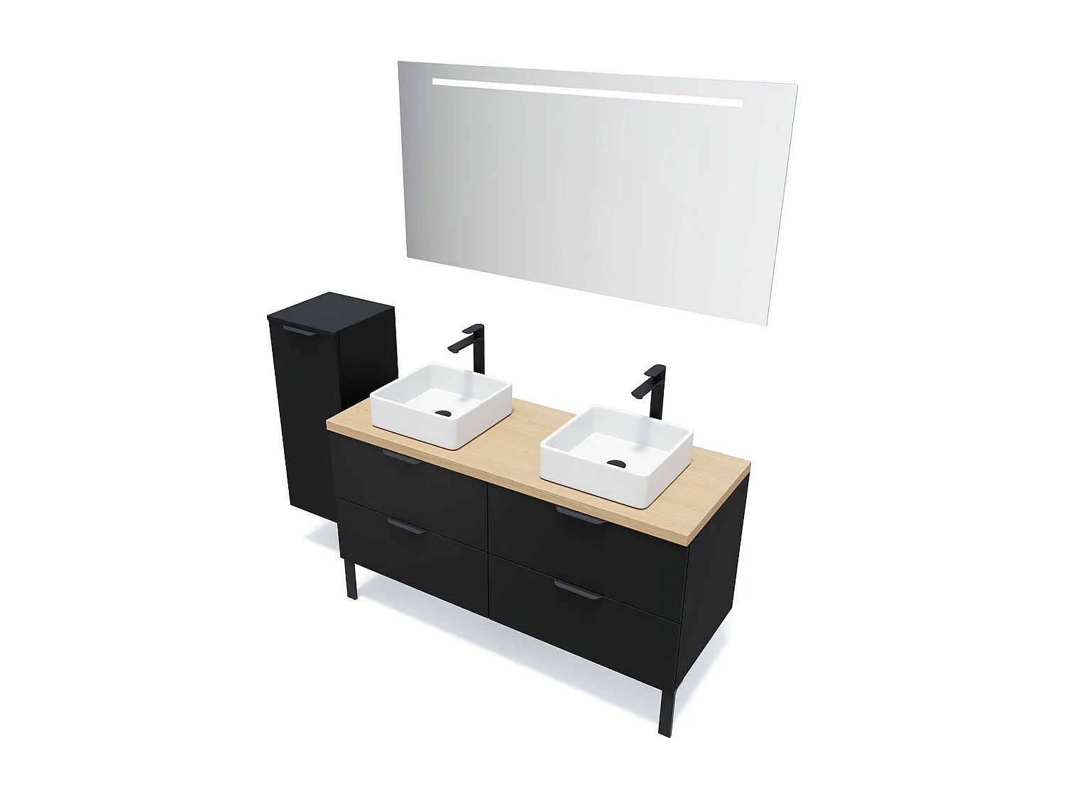 Meuble de salle de bain suspendu 2 vasques à poser 140cm 4 tiroirs Noir + miroir - Soho