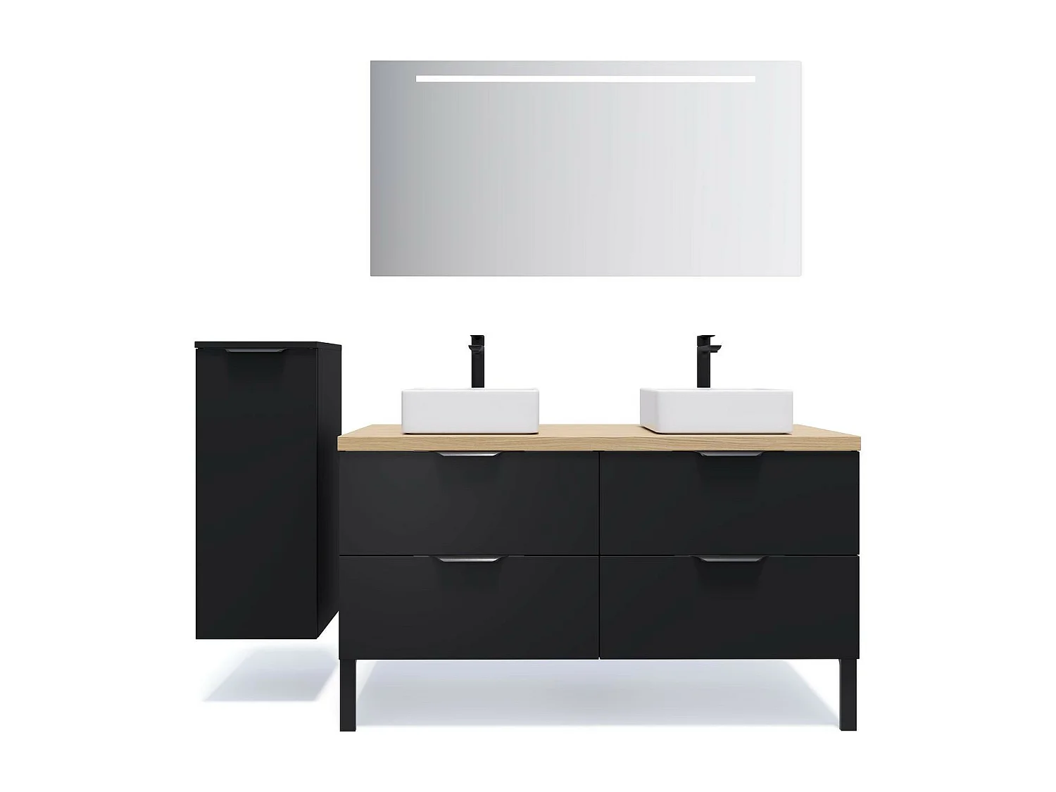 Meuble de salle de bain suspendu 2 vasques à poser 140cm 4 tiroirs Noir + miroir - Soho