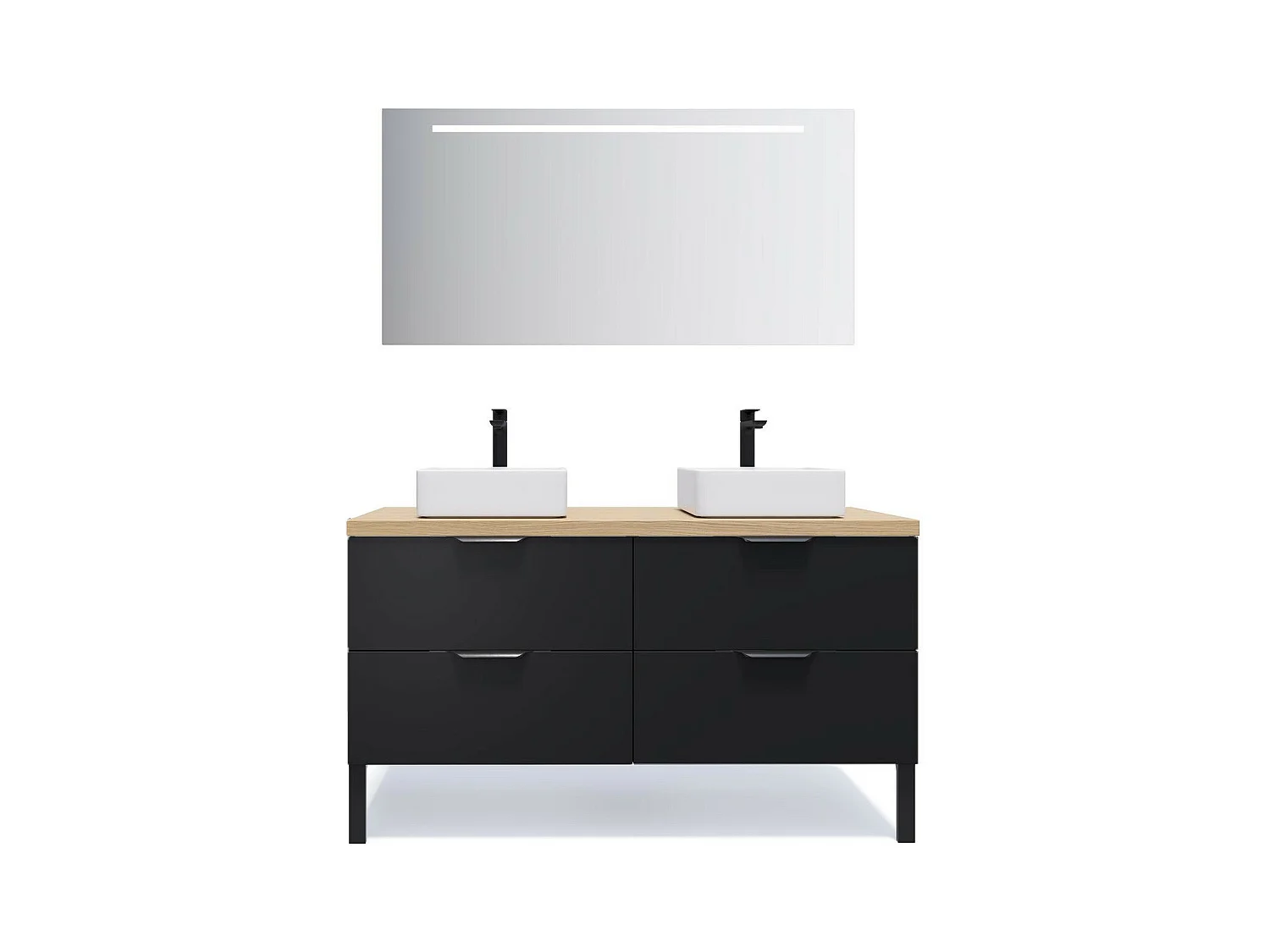 Meuble de salle de bain suspendu 2 vasques à poser 140cm 4 tiroirs Noir + miroir - Soho