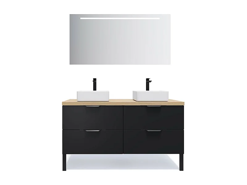 Meuble de salle de bain suspendu 2 vasques à poser 140cm 4 tiroirs Noir + miroir - Soho