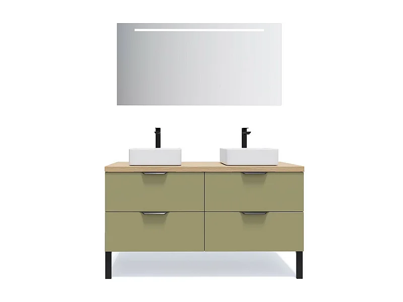 Meuble de salle de bain suspendu 2 vasques à poser 140cm 4 tiroirs Vert olive + miroir - Soho