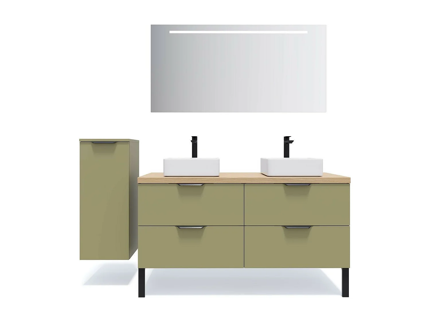 Meuble de salle de bain suspendu 2 vasques à poser 140cm 4 tiroirs Vert olive + miroir - Soho
