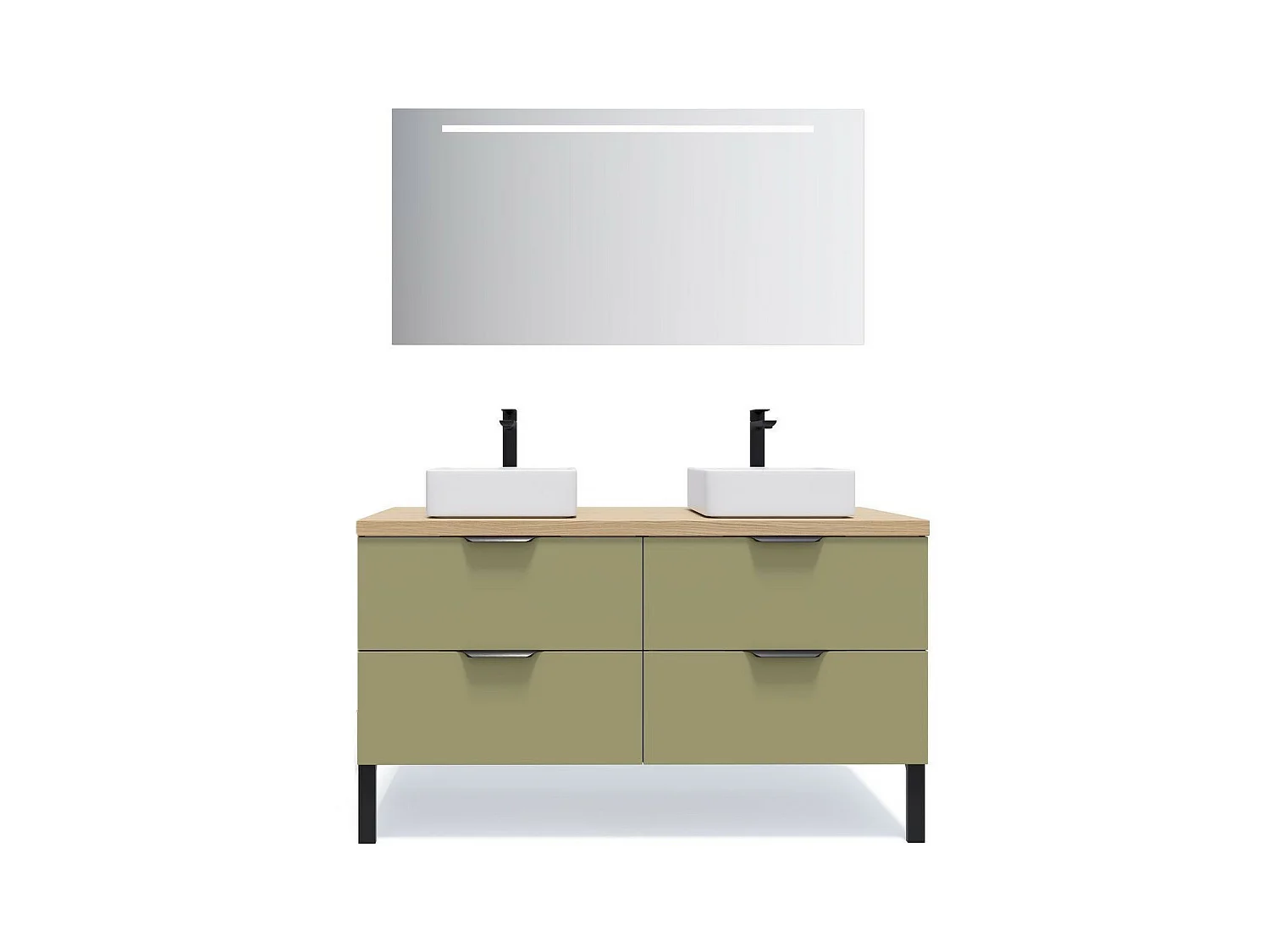 Meuble de salle de bain suspendu 2 vasques à poser 140cm 4 tiroirs Vert olive + miroir - Soho