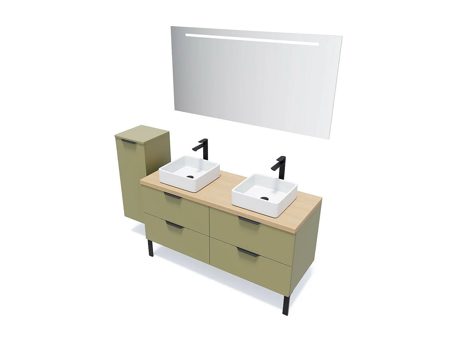 Meuble de salle de bain suspendu 2 vasques à poser 140cm 4 tiroirs Vert olive + miroir - Soho