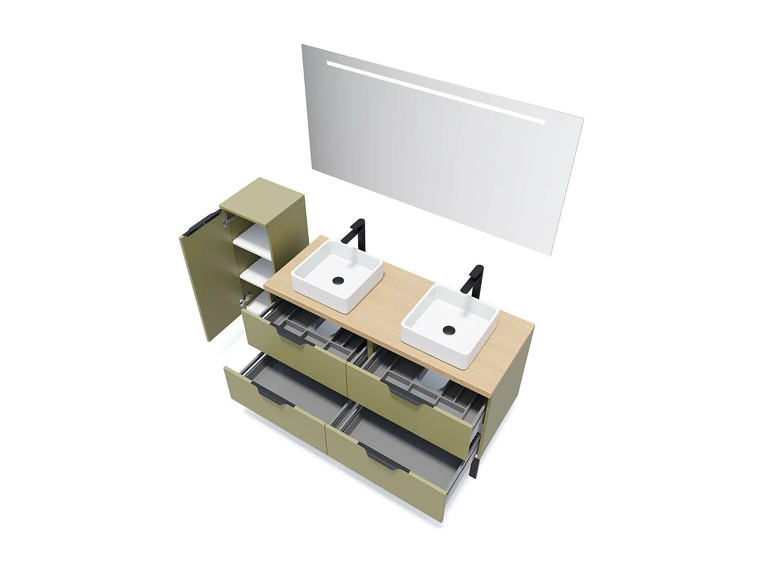 Meuble de salle de bain suspendu 2 vasques à poser 140cm 4 tiroirs Vert olive + miroir - Soho