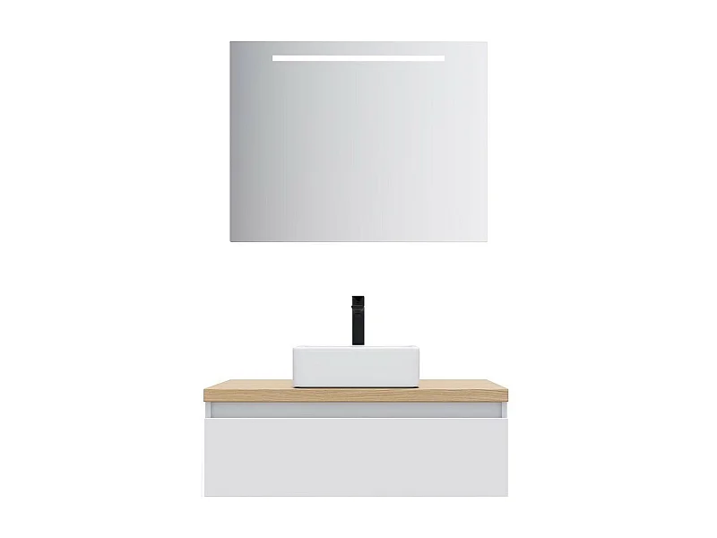 Meuble de salle de bain suspendu vasque à poser 90cm 1 tiroir Blanc + miroir - Hudson