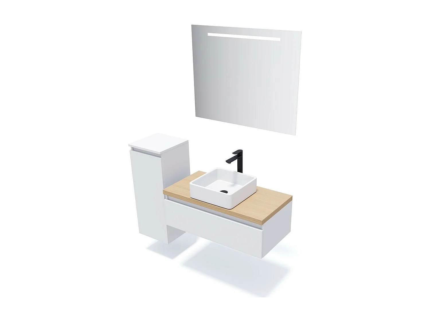 Meuble de salle de bain suspendu vasque à poser 90cm 1 tiroir Blanc + miroir - Hudson