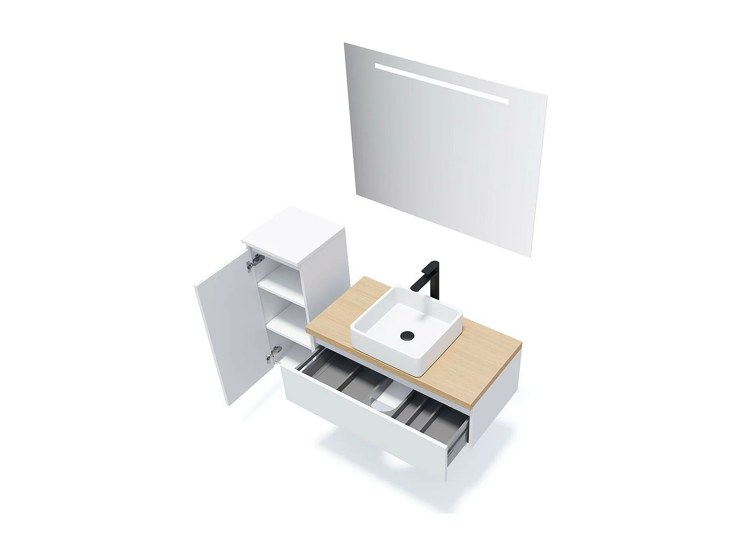 Meuble de salle de bain suspendu vasque à poser 90cm 1 tiroir Blanc + miroir - Hudson