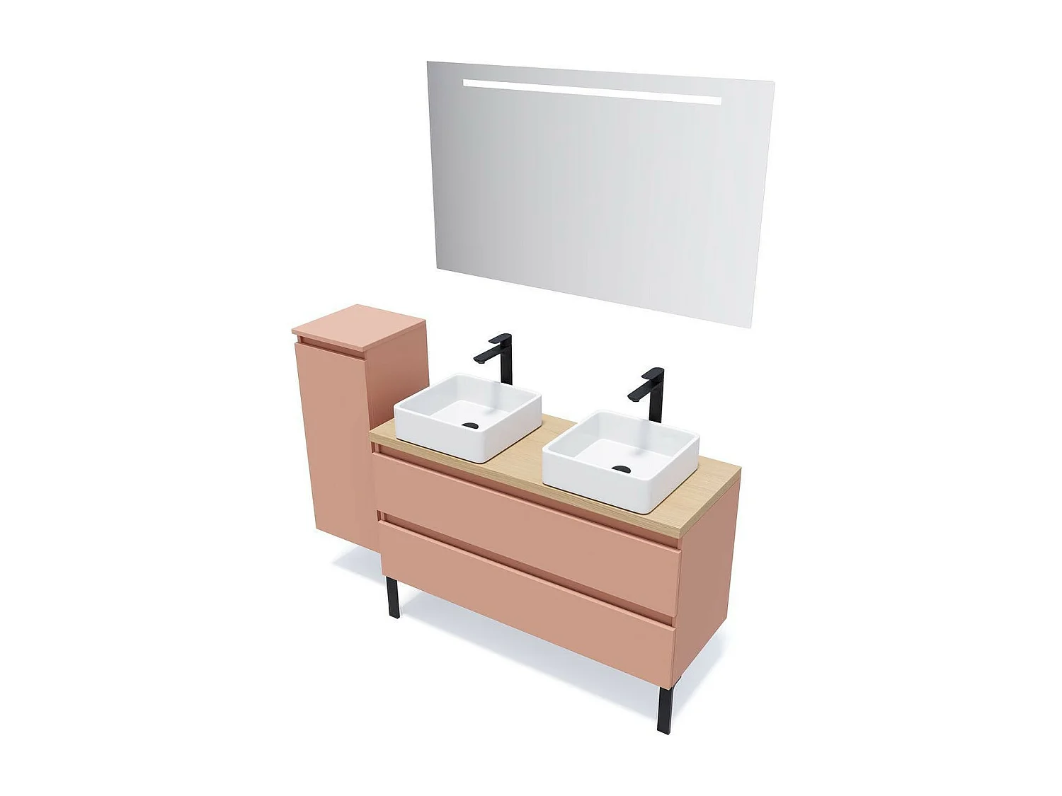 Meuble de salle de bain suspendu 2 vasques à poser 120cm 2 tiroirs Abricot + miroir - Hudson