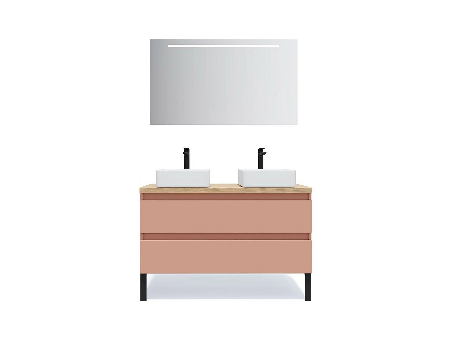 Meuble de salle de bain suspendu 2 vasques à poser 120cm 2 tiroirs Abricot + miroir - Hudson