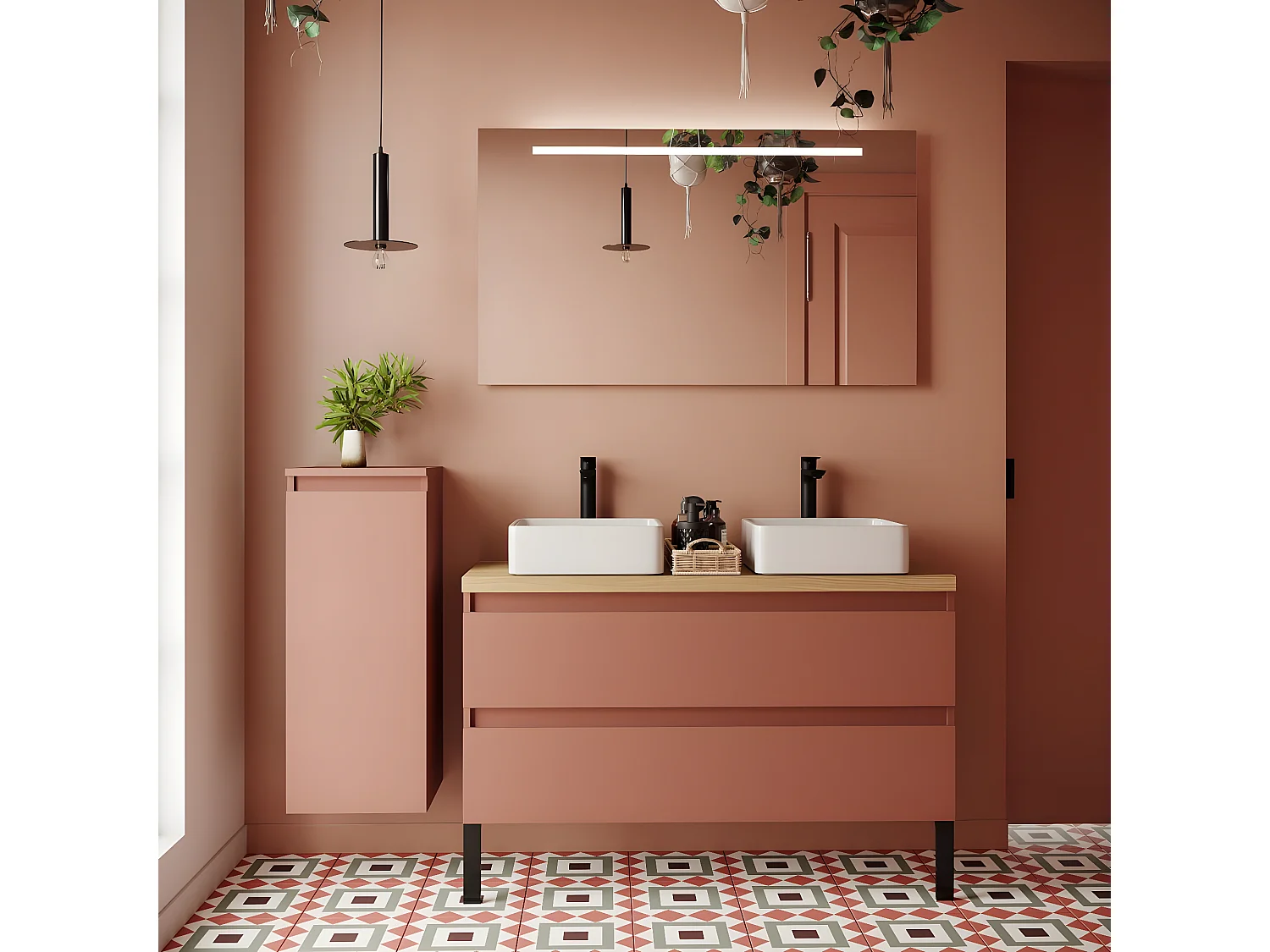 Meuble de salle de bain suspendu 2 vasques à poser 120cm 2 tiroirs Abricot + miroir - Hudson