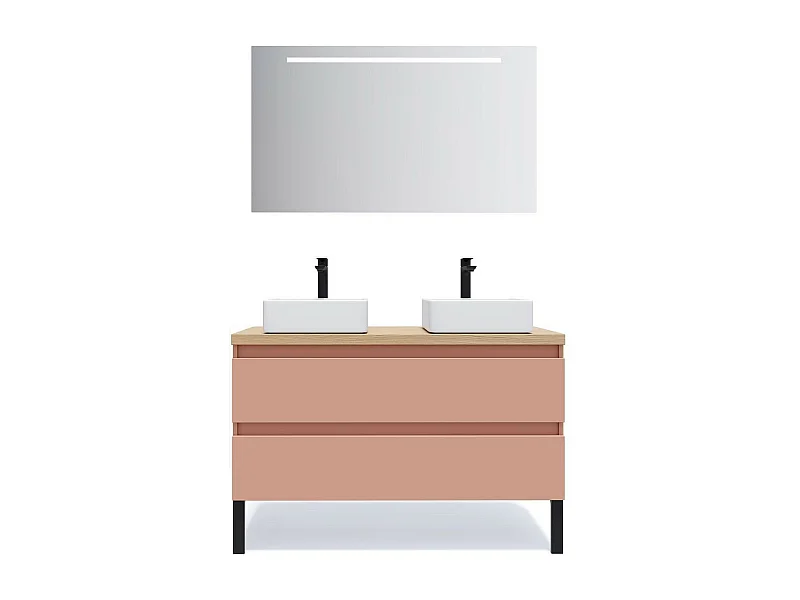Meuble de salle de bain suspendu 2 vasques à poser 120cm 2 tiroirs Abricot + miroir - Hudson