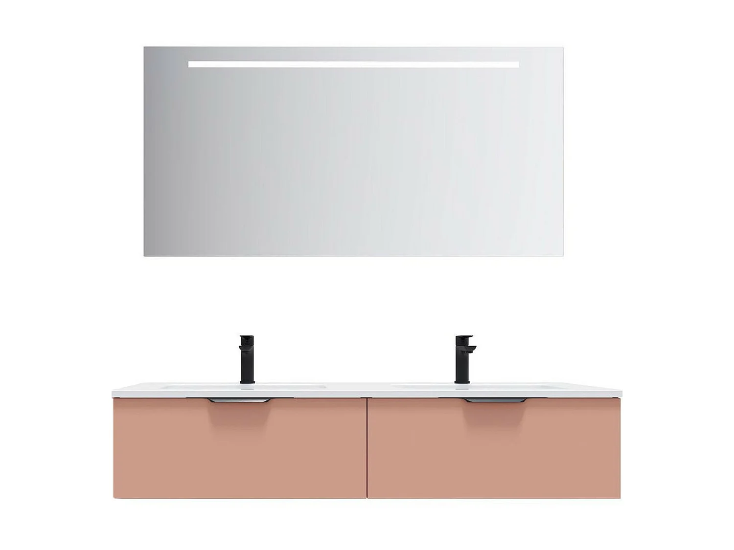 Meuble de salle de bain suspendu double vasque intégrée 140cm 2 tiroirs Abricot + miroir - Soho
