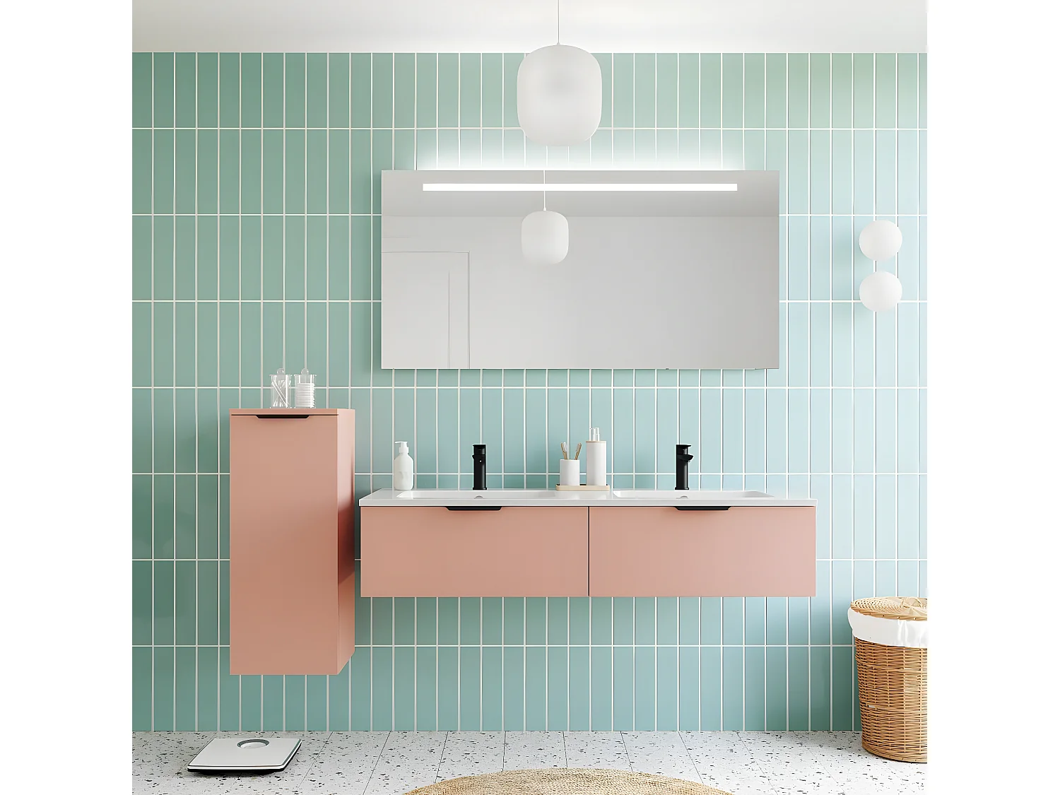 Meuble de salle de bain suspendu double vasque intégrée 140cm 2 tiroirs Abricot + miroir - Soho