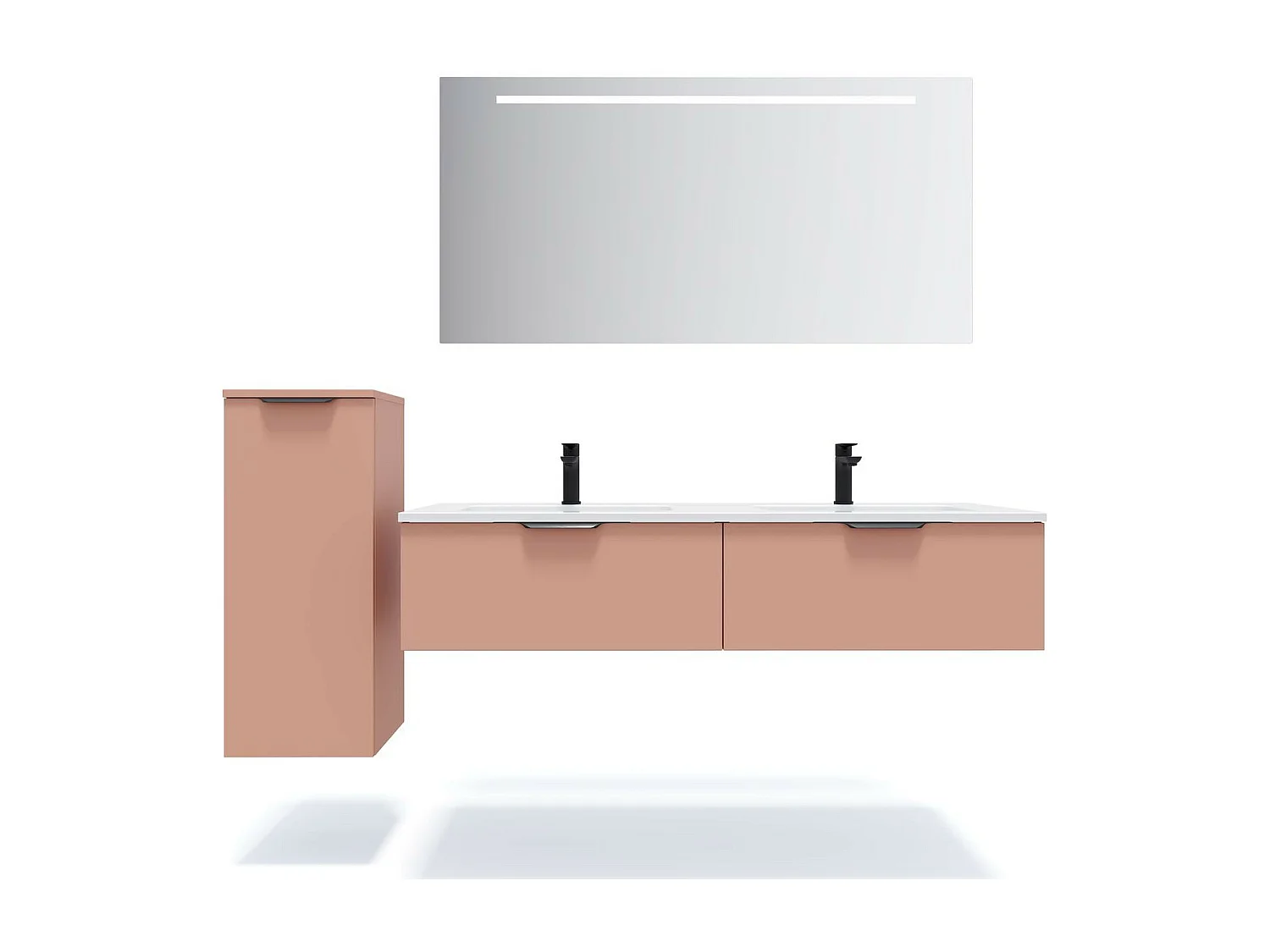 Meuble de salle de bain suspendu double vasque intégrée 140cm 2 tiroirs Abricot + miroir - Soho