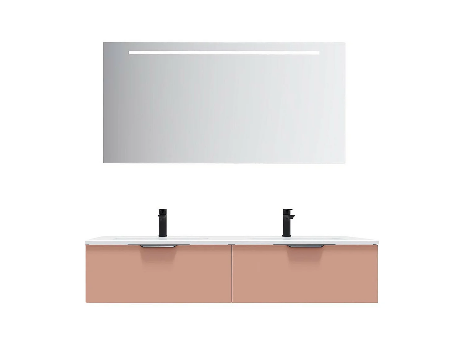 Meuble de salle de bain suspendu double vasque intégrée 140cm 2 tiroirs Abricot + miroir - Soho