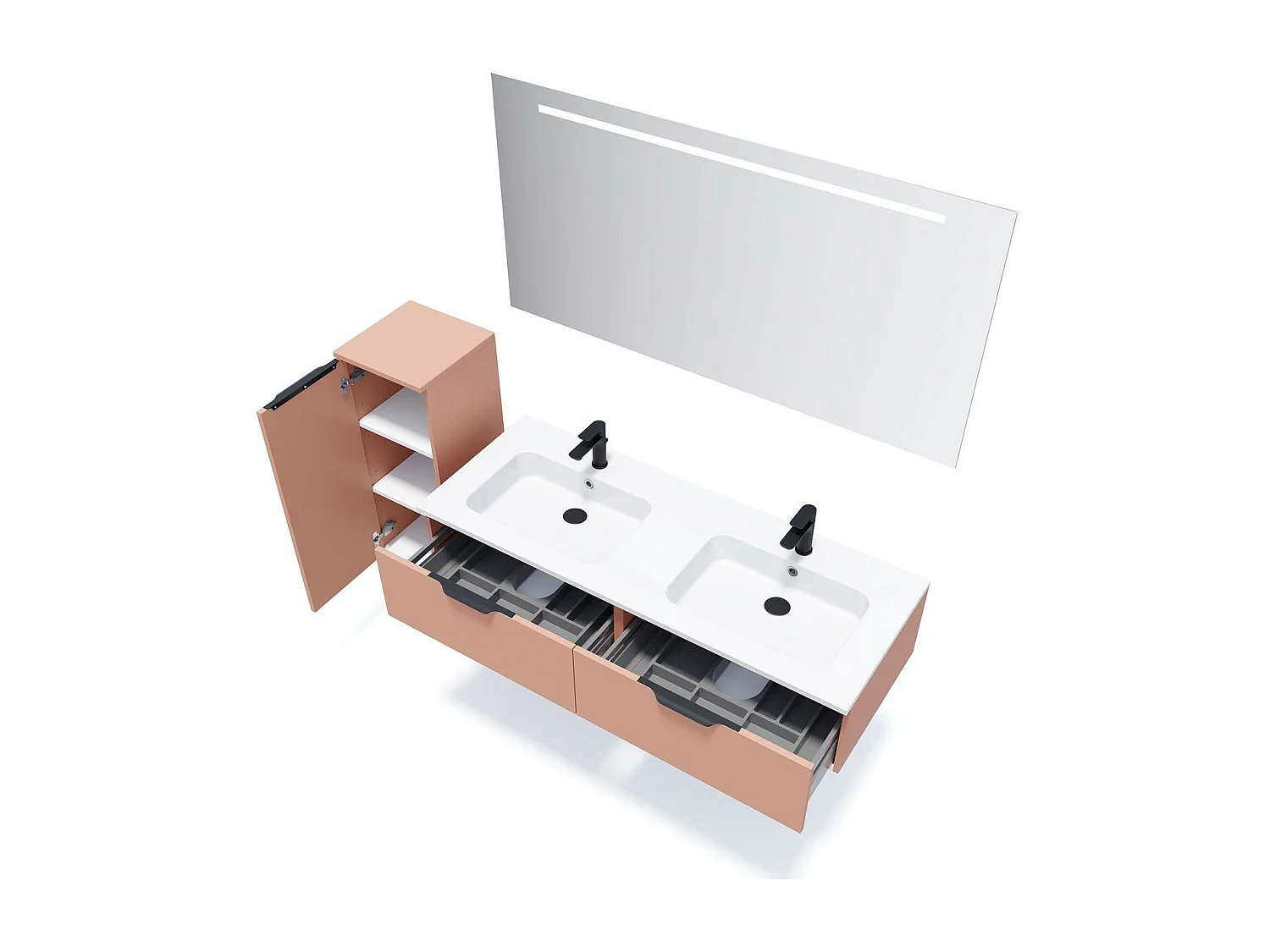 Meuble de salle de bain suspendu double vasque intégrée 140cm 2 tiroirs Abricot + miroir - Soho