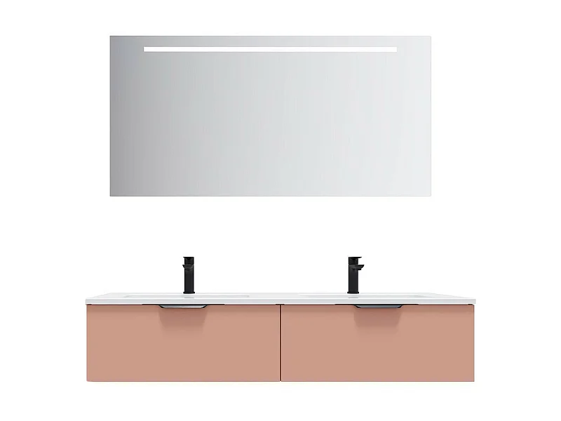 Meuble de salle de bain suspendu double vasque intégrée 140cm 2 tiroirs Abricot + miroir - Soho