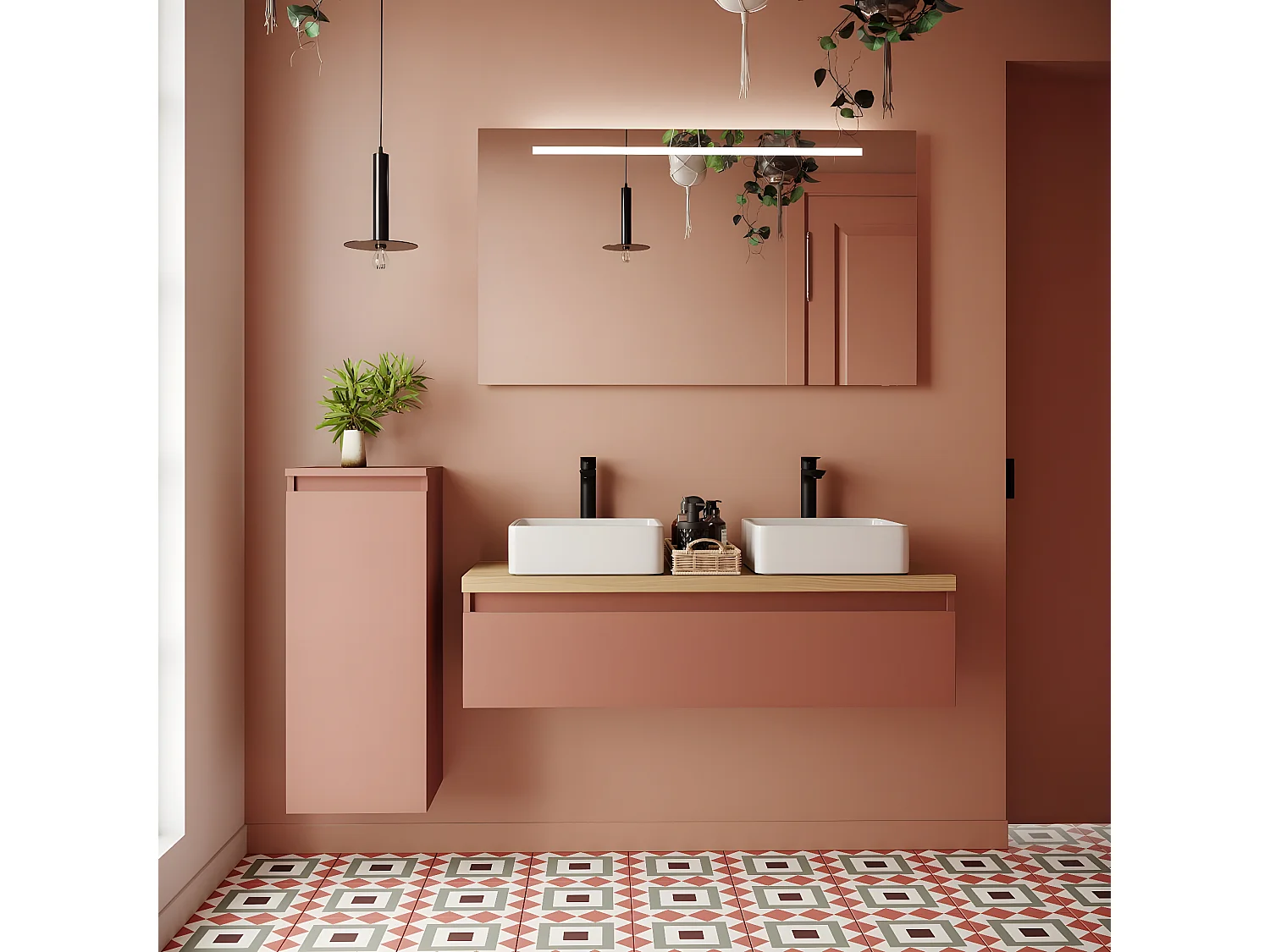 Meuble de salle de bain suspendu 2 vasques à poser 120cm 1 tiroir Abricot + miroir - Hudson