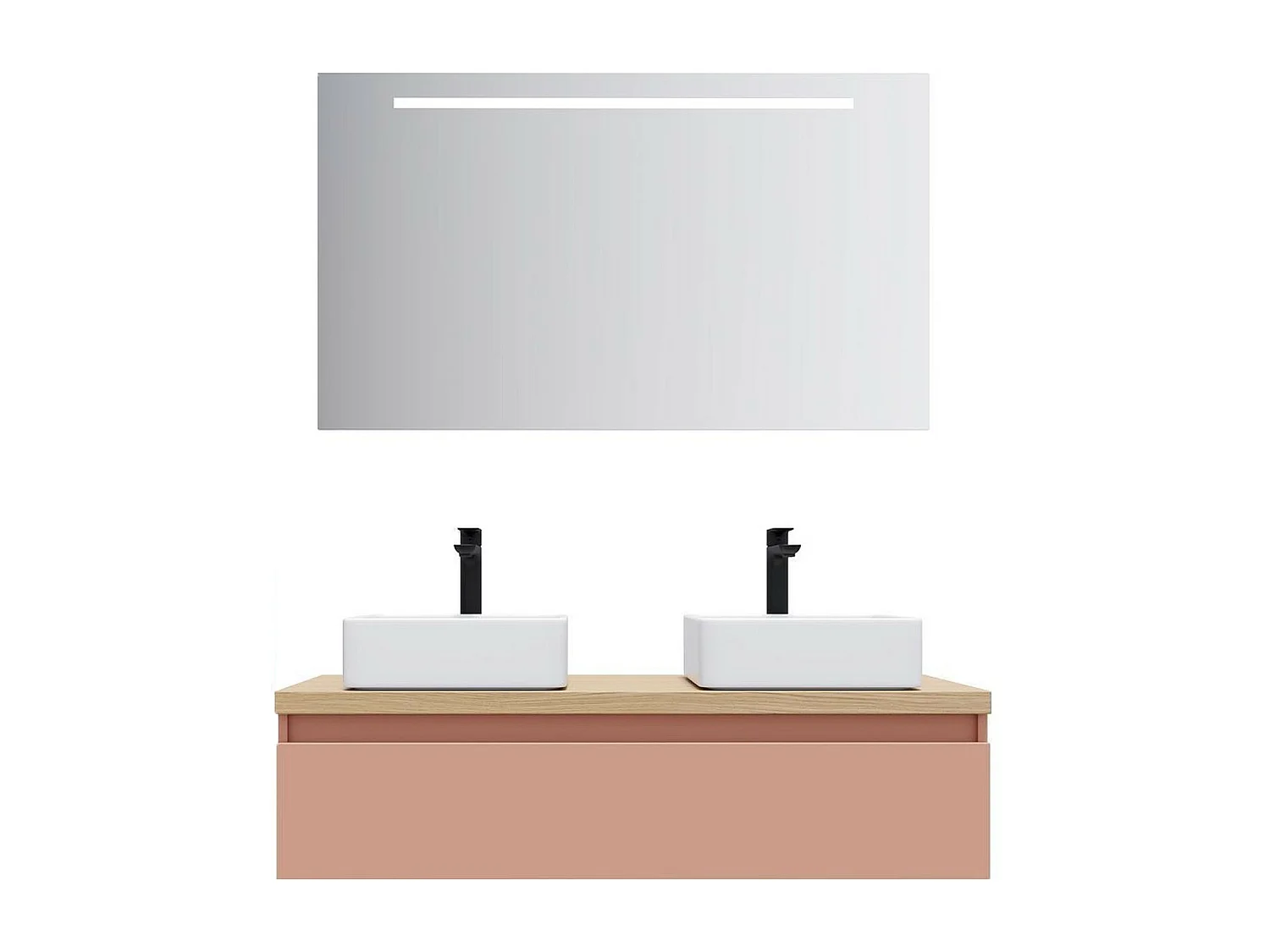 Meuble de salle de bain suspendu 2 vasques à poser 120cm 1 tiroir Abricot + miroir - Hudson