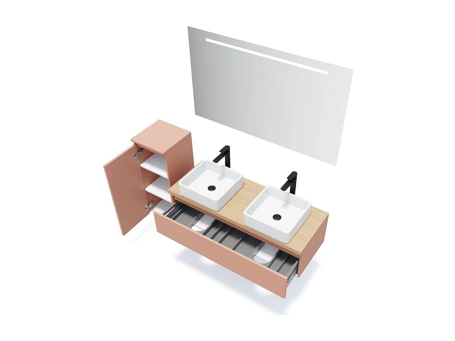 Meuble de salle de bain suspendu 2 vasques à poser 120cm 1 tiroir Abricot + miroir - Hudson