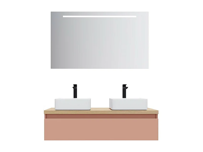 Meuble de salle de bain suspendu 2 vasques à poser 120cm 1 tiroir Abricot + miroir - Hudson