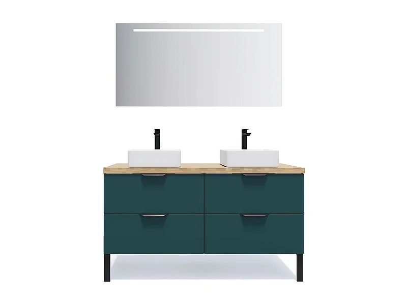 Meuble de salle de bain suspendu 2 vasques à poser 140cm 4 tiroirs Bleu + miroir - Soho