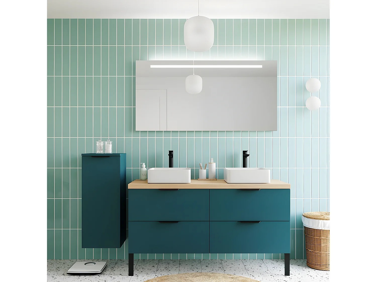 Meuble de salle de bain suspendu 2 vasques à poser 140cm 4 tiroirs Bleu + miroir - Soho