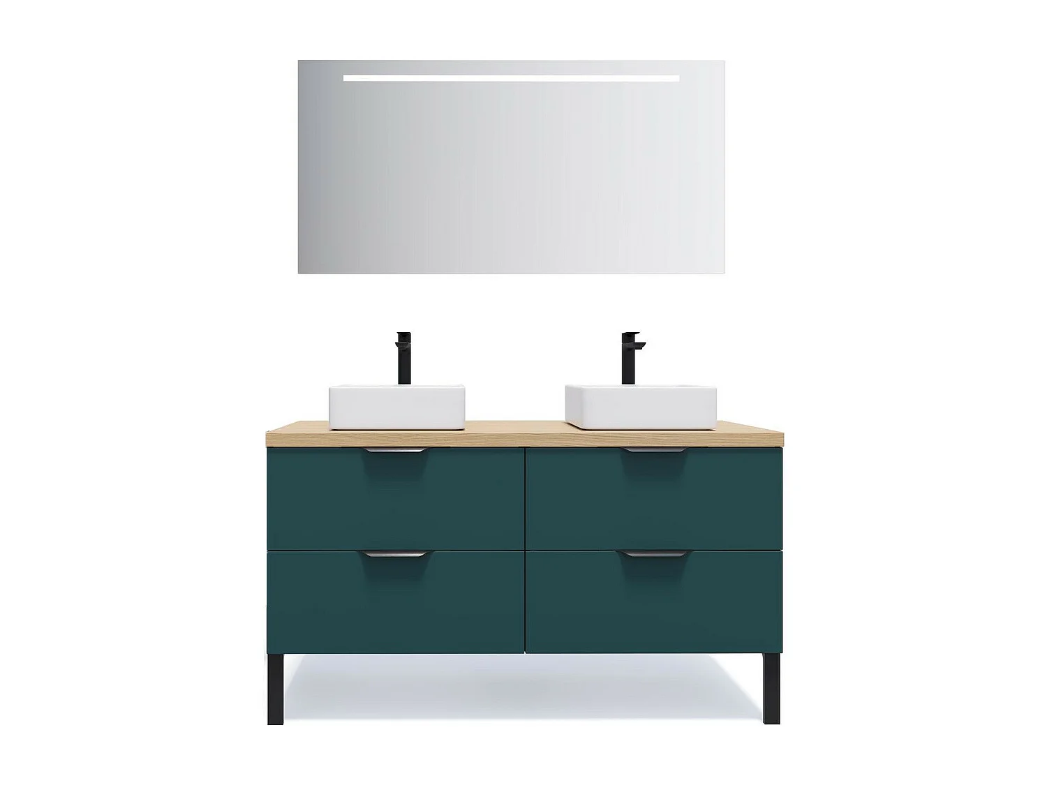 Meuble de salle de bain suspendu 2 vasques à poser 140cm 4 tiroirs Bleu + miroir - Soho