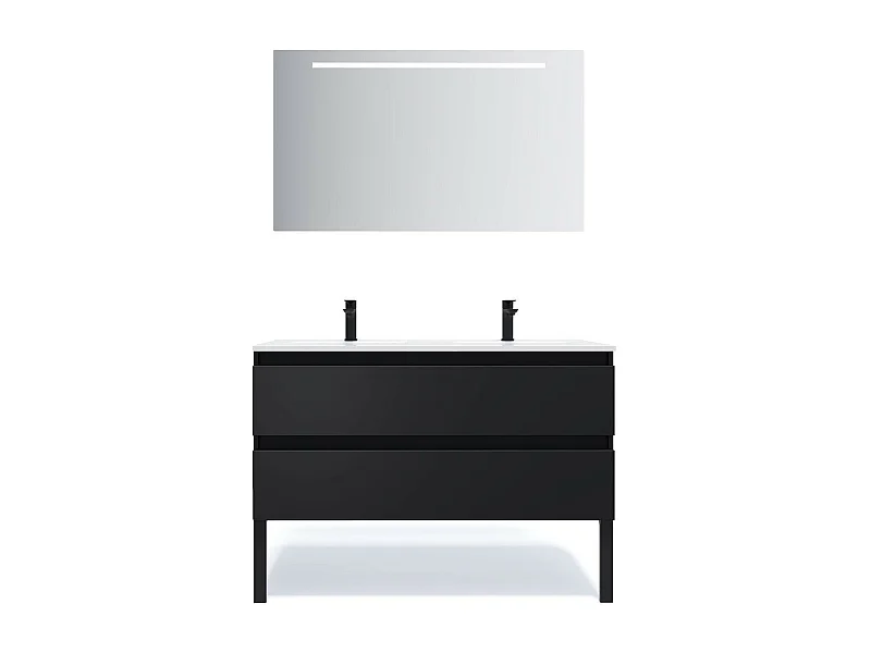 Meuble de salle de bain suspendu double vasque intégrée 120cm 2 tiroirs Noir + miroir - Hudson