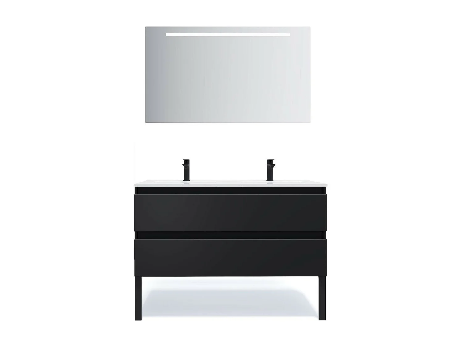 Meuble de salle de bain suspendu double vasque intégrée 120cm 2 tiroirs Noir + miroir - Hudson